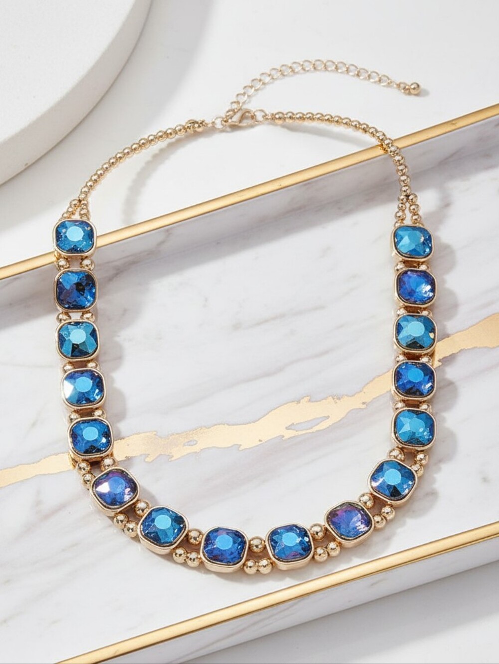 Square Faceted Stone Bezel Link Evening Necklace